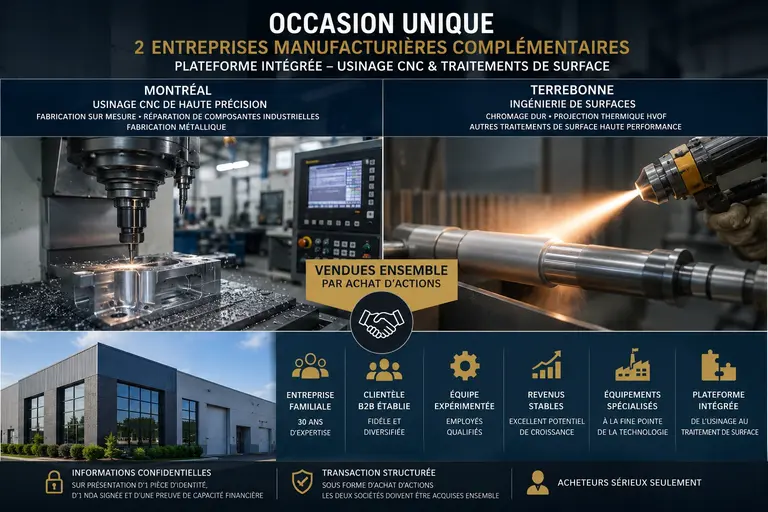 RARE ! Groupe de 2 entreprises manufacturières à vendre (Montréal et Terrebonne)