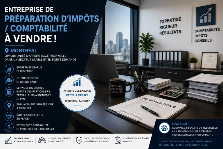 Entreprise de préparation d'impôts / Comptabilité à vendre à Montréal !